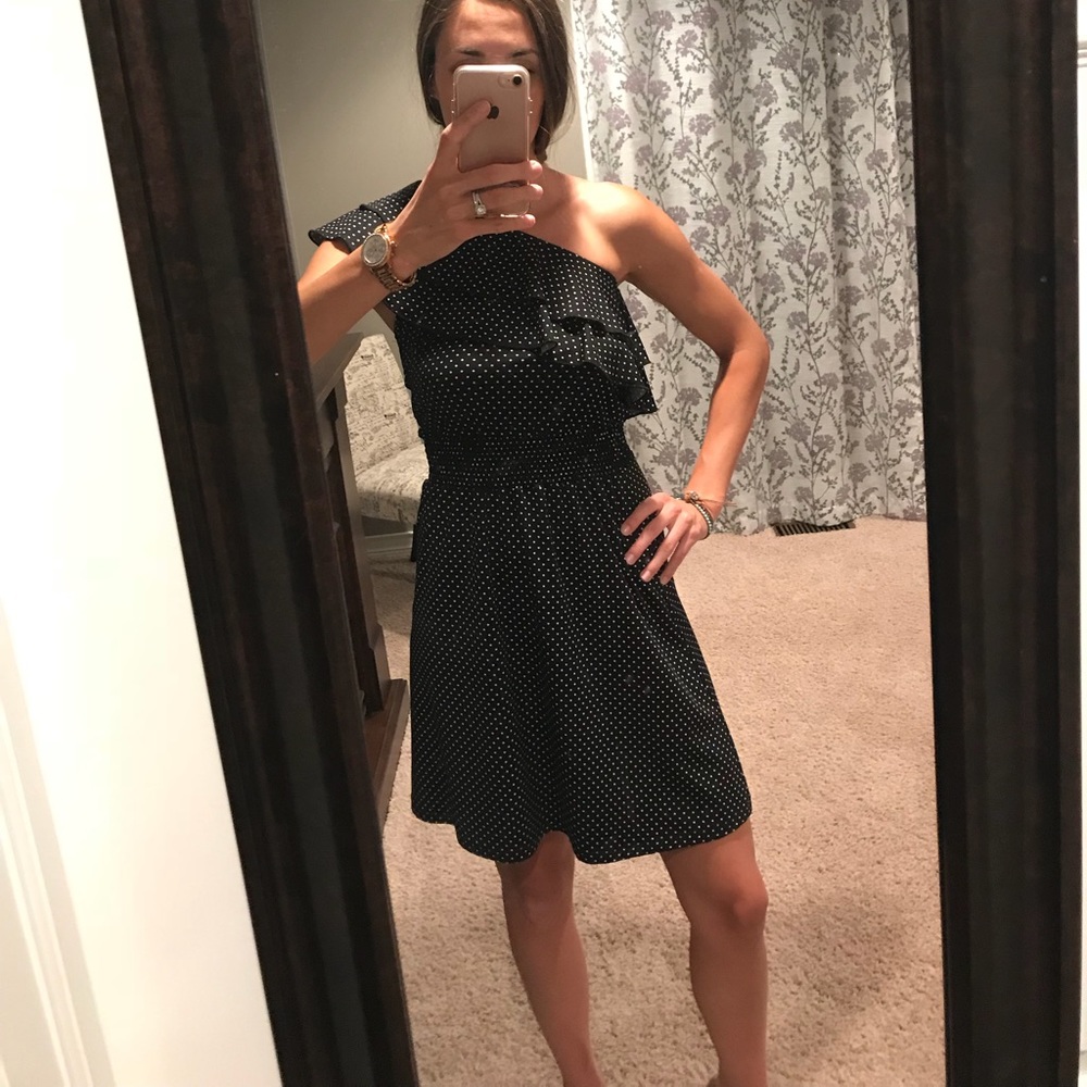 Black and white polka dot one shoulder dress